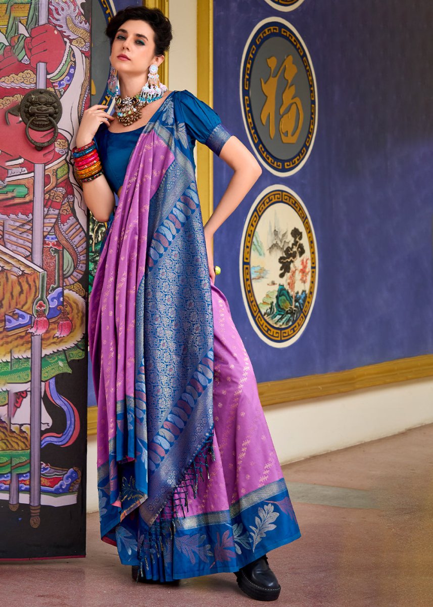 Mauve Purple Banarasi Silk Saree with Contrasting Pallu and Woven Zari - House of Sarvati LLC