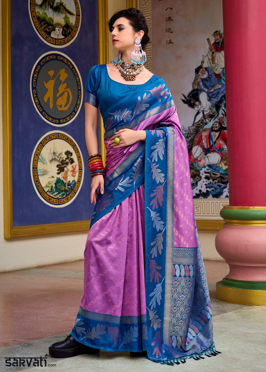 Mauve Purple Banarasi Silk Saree with Contrasting Pallu and Woven Zari - House of Sarvati LLC