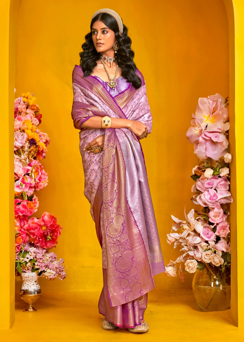 Mauve Purple Handloom Woven Kanjivaram Silk Saree with Zari Work - House of Sarvati LLC