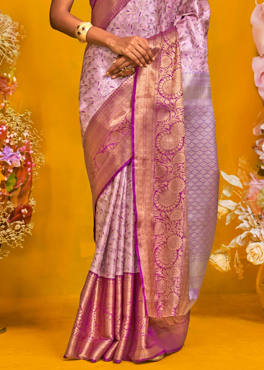 Mauve Purple Handloom Woven Kanjivaram Silk Saree with Zari Work - House of Sarvati LLC