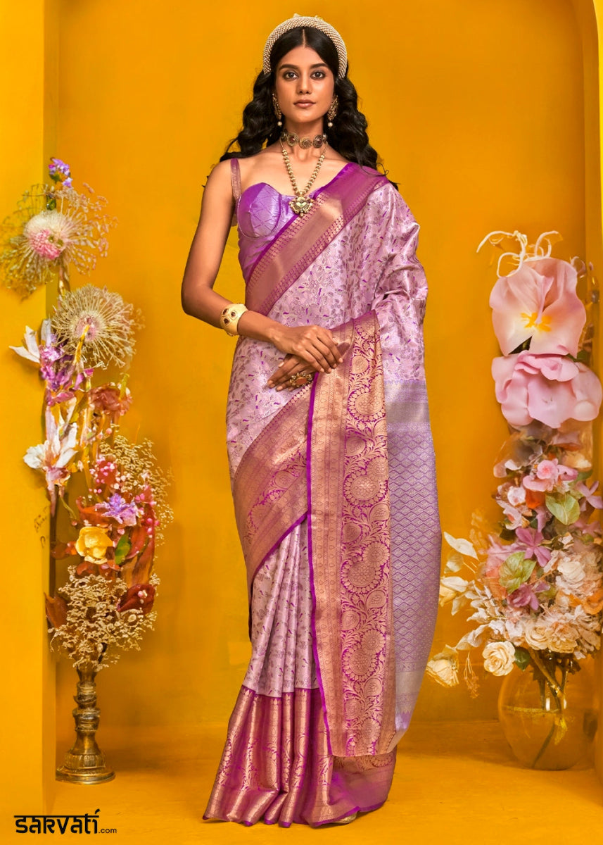 Mauve Purple Handloom Woven Kanjivaram Silk Saree with Zari Work - House of Sarvati LLC