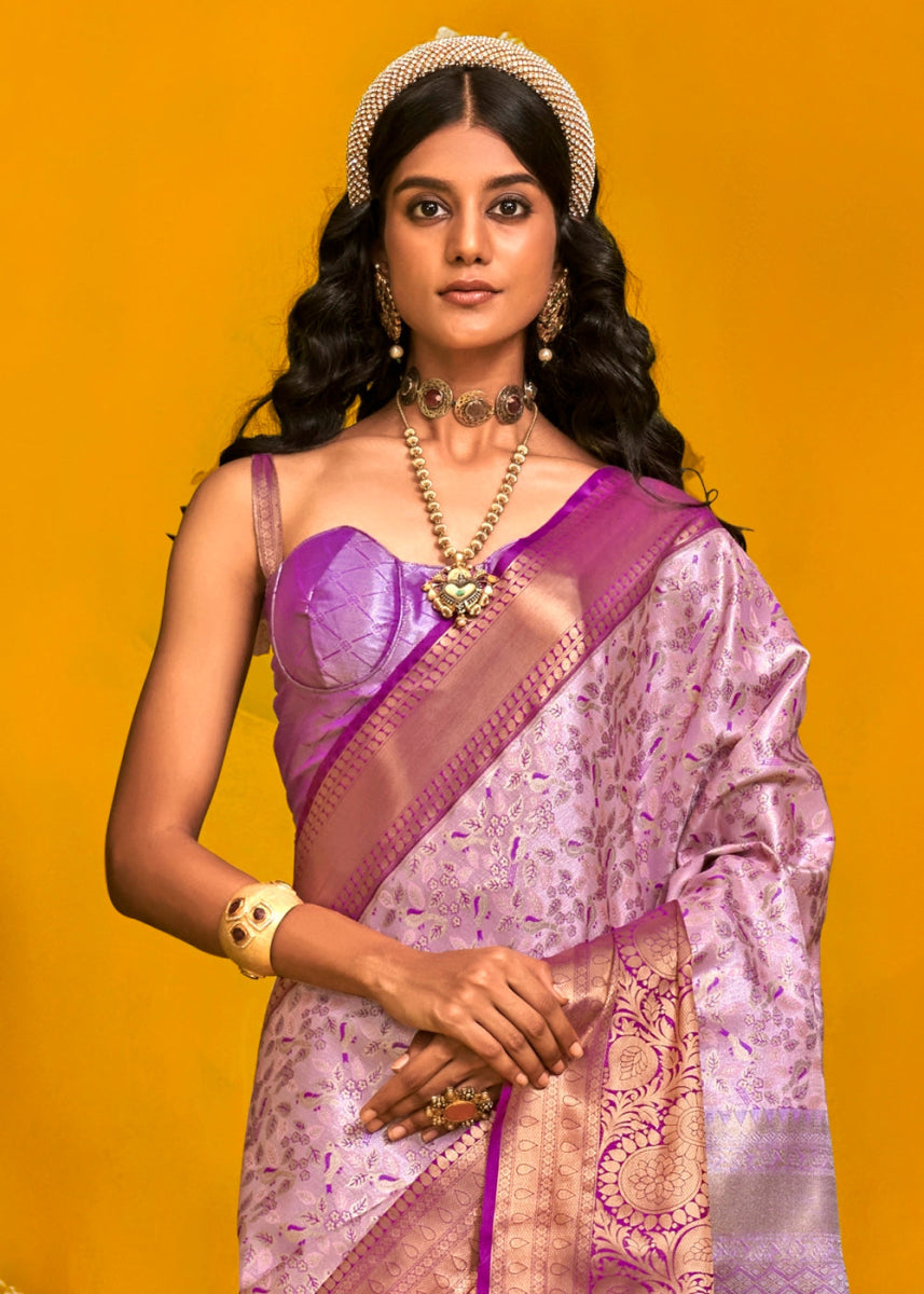 Mauve Purple Handloom Woven Kanjivaram Silk Saree with Zari Work - House of Sarvati LLC