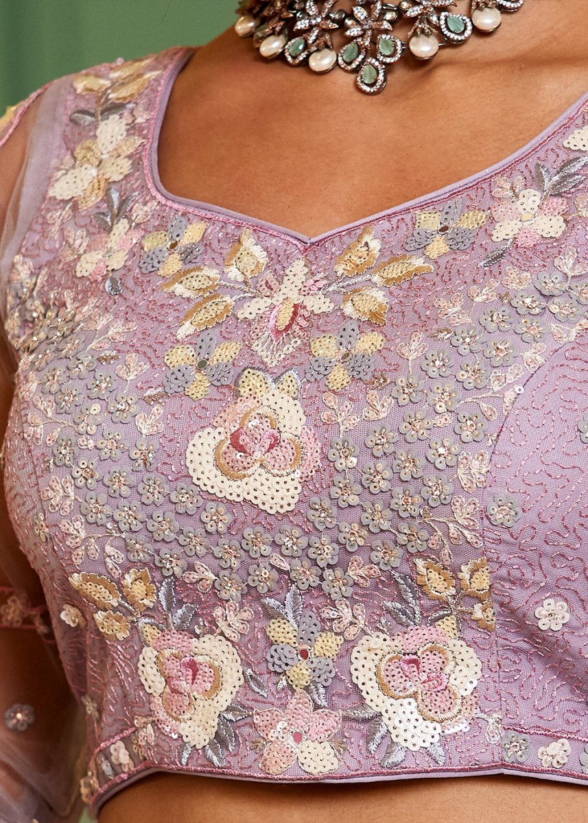 Mauve Purple Net Lehenga Choli with Sparkling Sequins & Zarkan Work - House of Sarvati LLC