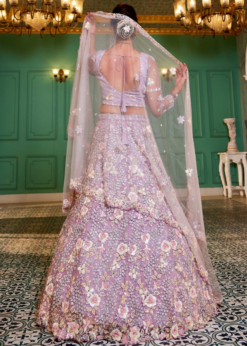 Mauve Purple Net Lehenga Choli with Sparkling Sequins & Zarkan Work - House of Sarvati LLC
