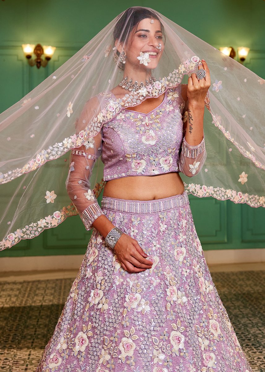 Mauve Purple Net Lehenga Choli with Sparkling Sequins & Zarkan Work - House of Sarvati LLC