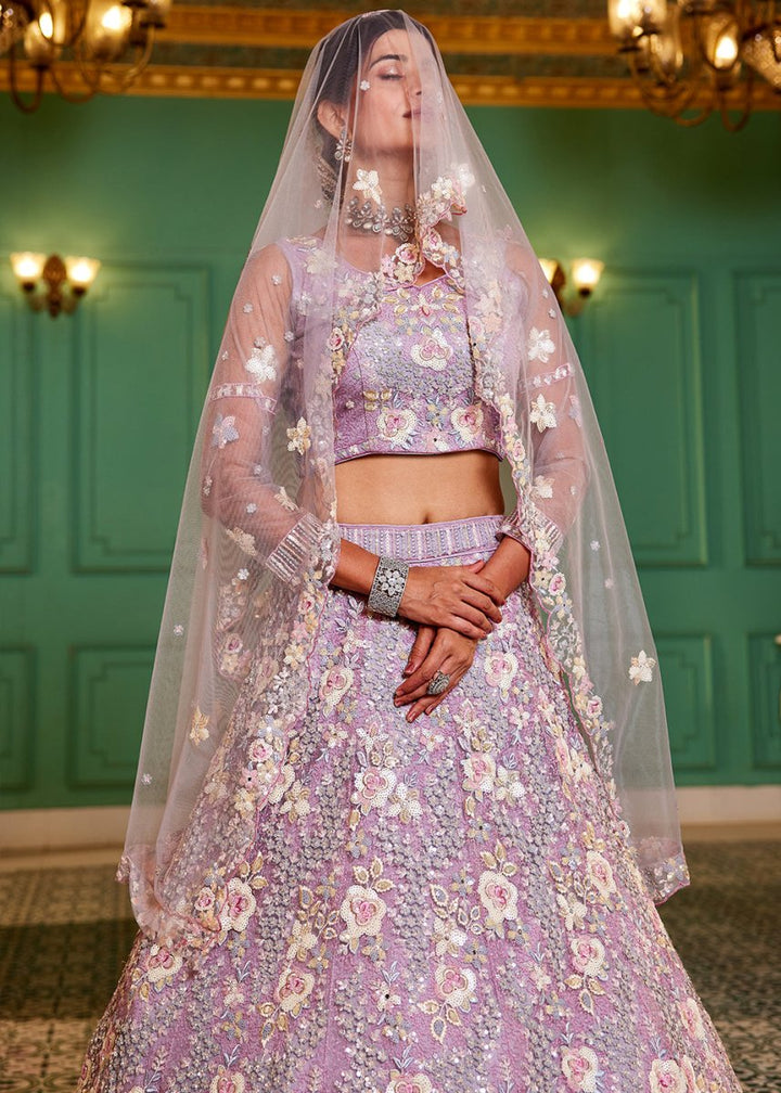 Mauve Purple Net Lehenga Choli with Sparkling Sequins & Zarkan Work - House of Sarvati LLC