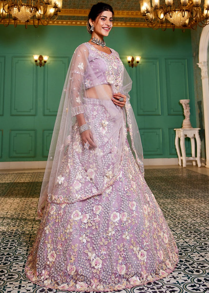 Mauve Purple Net Lehenga Choli with Sparkling Sequins & Zarkan Work - House of Sarvati LLC