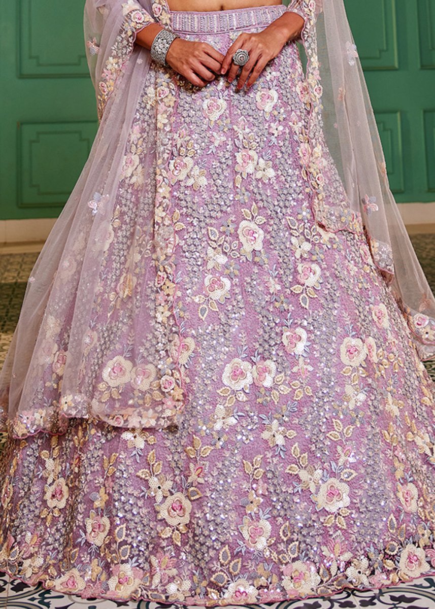 Mauve Purple Net Lehenga Choli with Sparkling Sequins & Zarkan Work - House of Sarvati LLC