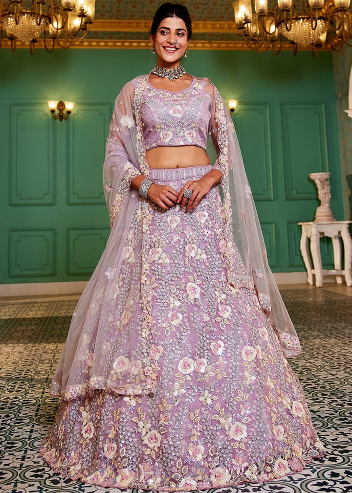 Mauve Purple Net Lehenga Choli with Sparkling Sequins & Zarkan Work - House of Sarvati LLC