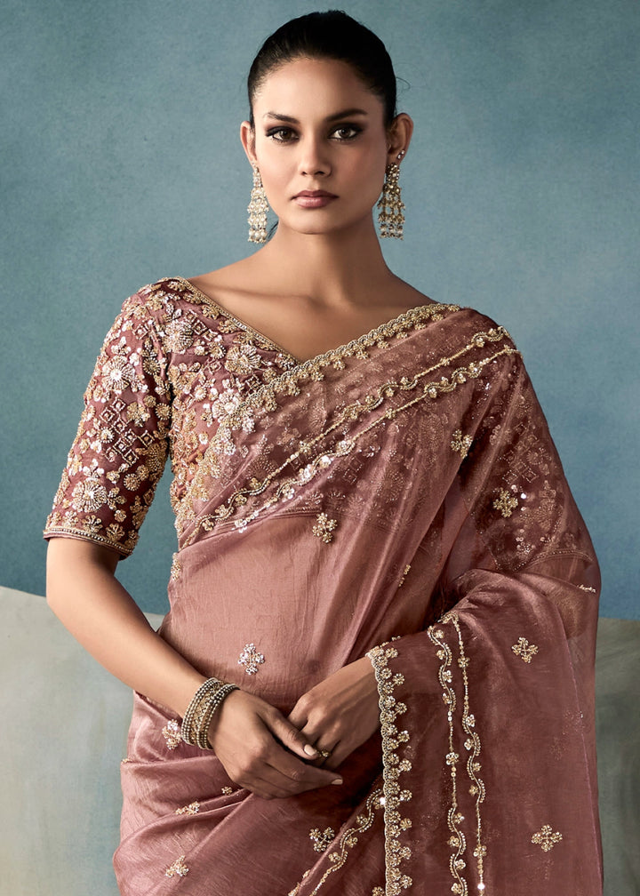 Mauve Taupe Purple Designer Saree in Tissue Fabric with Hand Embroidery - House of Sarvati LLC