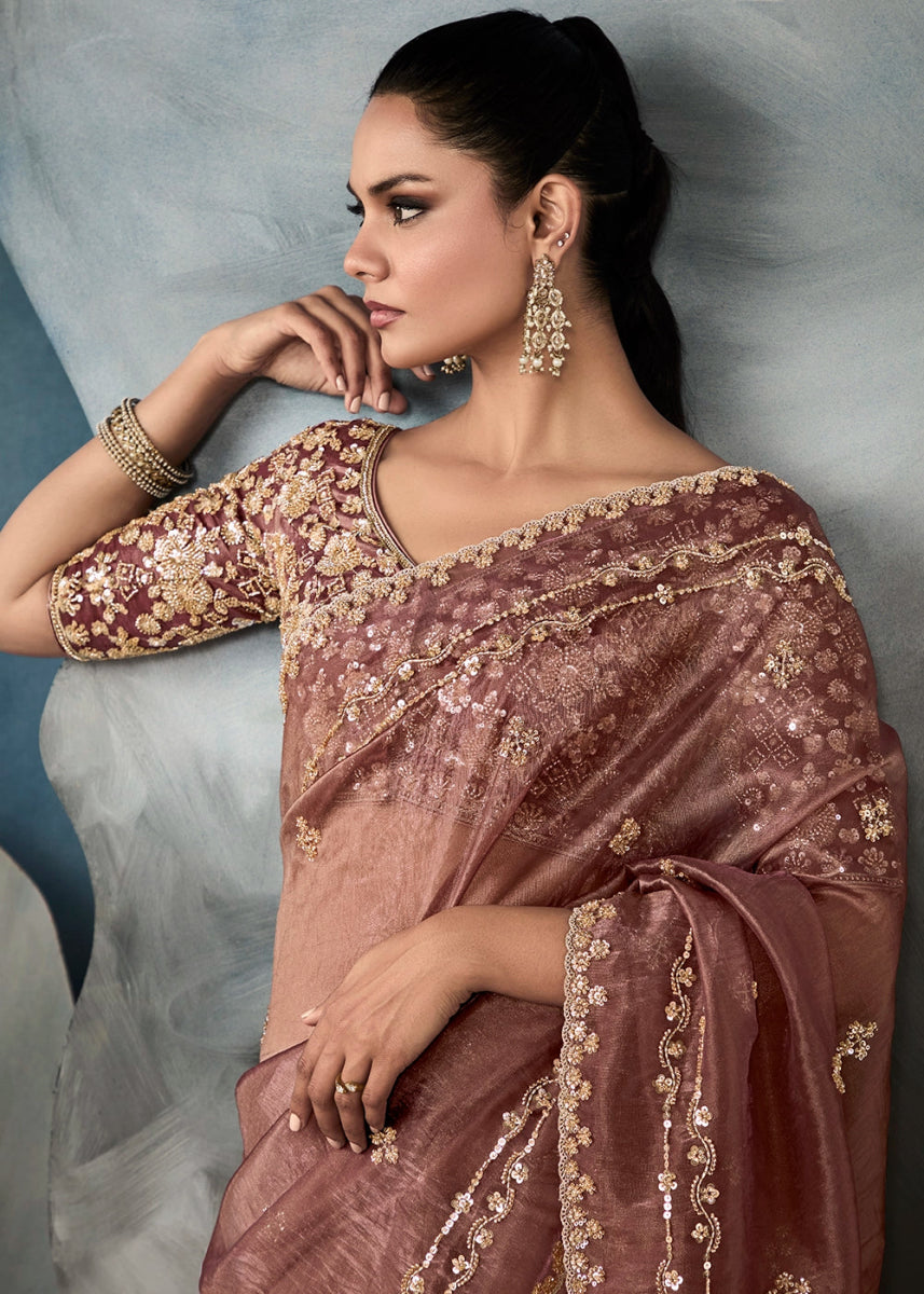 Mauve Taupe Purple Designer Saree in Tissue Fabric with Hand Embroidery - House of Sarvati LLC