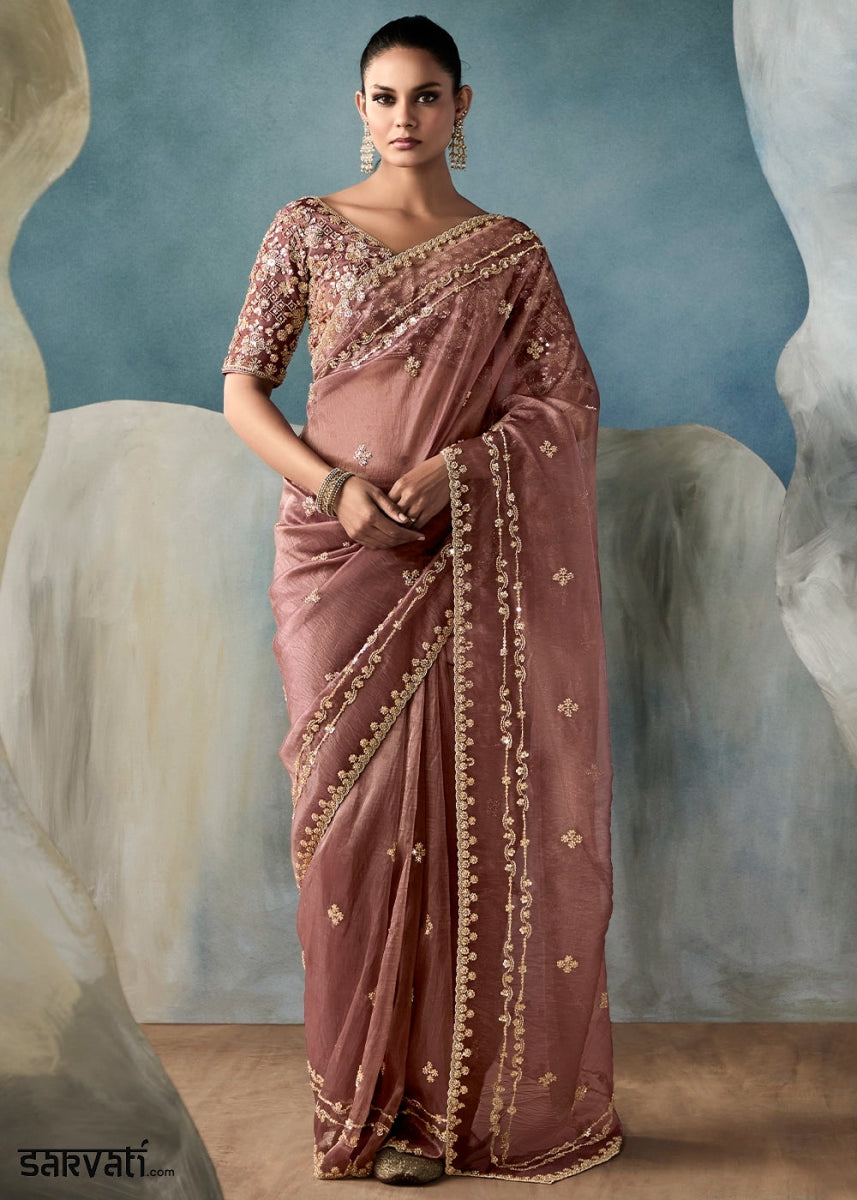 Mauve Taupe Purple Designer Saree in Tissue Fabric with Hand Embroidery - House of Sarvati LLC