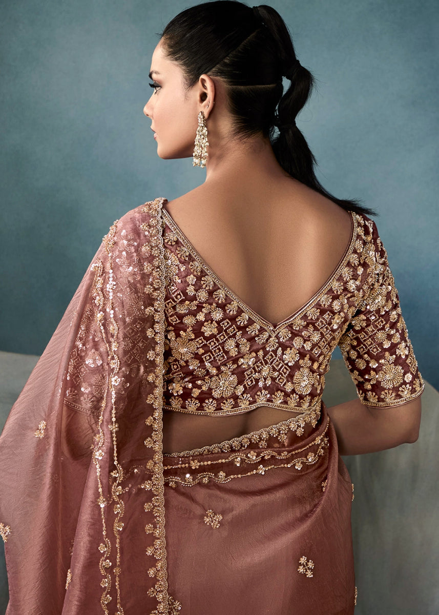 Mauve Taupe Purple Designer Saree in Tissue Fabric with Hand Embroidery - House of Sarvati LLC