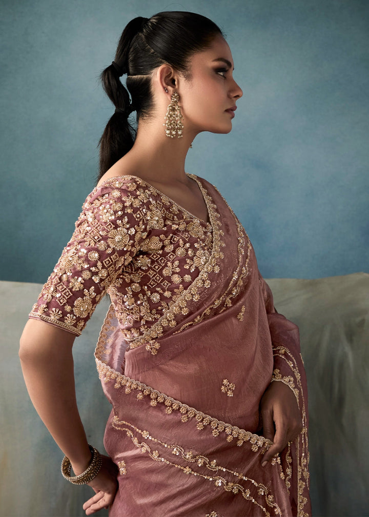 Mauve Taupe Purple Designer Saree in Tissue Fabric with Hand Embroidery - House of Sarvati LLC