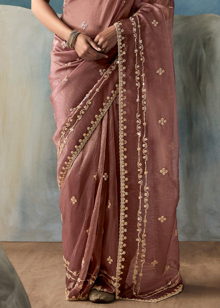 Mauve Taupe Purple Designer Saree in Tissue Fabric with Hand Embroidery - House of Sarvati LLC