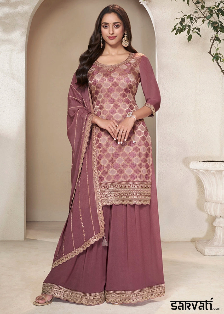 Mauve Taupe Purple Dola Silk Sharara Suit with Intricate Jacquard Detailing - House of Sarvati LLC