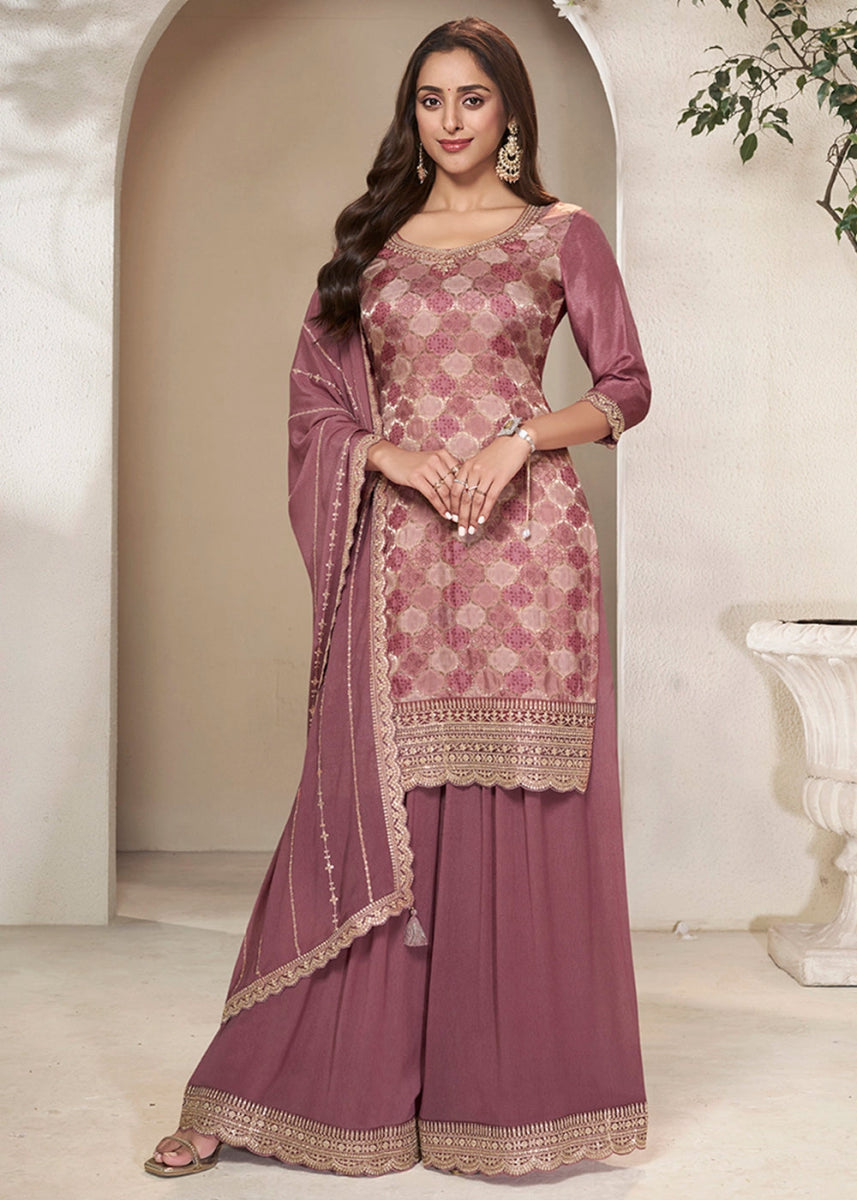 Mauve Taupe Purple Dola Silk Sharara Suit with Intricate Jacquard Detailing - House of Sarvati LLC