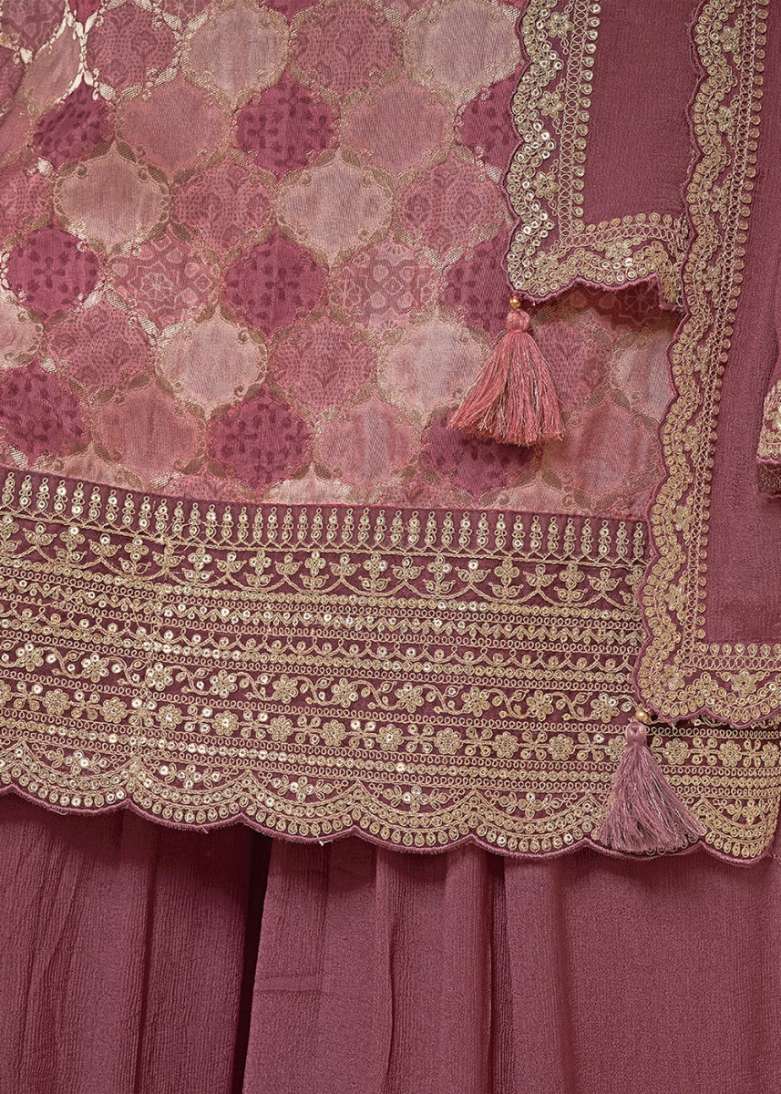 Mauve Taupe Purple Dola Silk Sharara Suit with Intricate Jacquard Detailing - House of Sarvati LLC