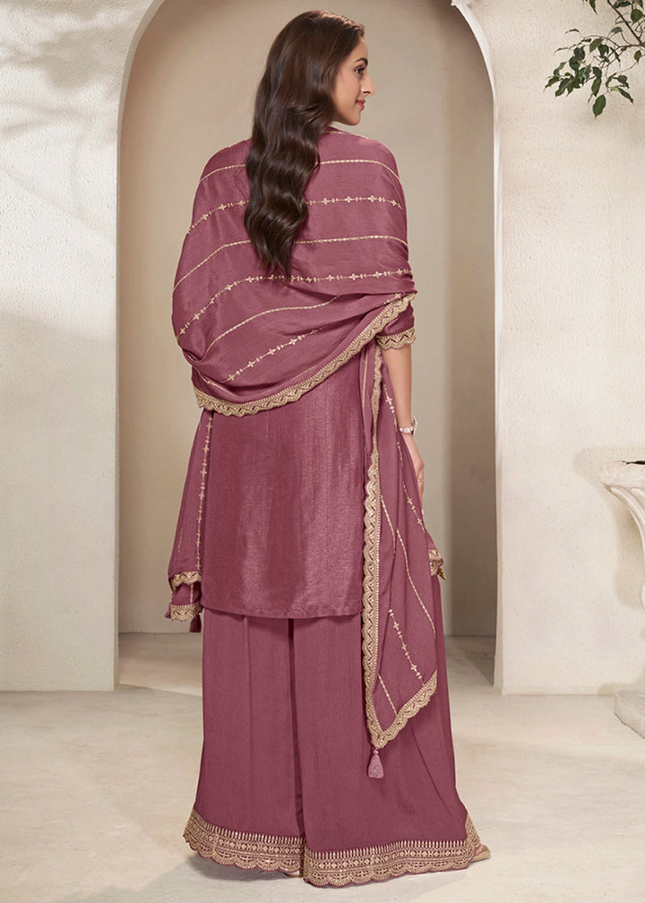 Mauve Taupe Purple Dola Silk Sharara Suit with Intricate Jacquard Detailing - House of Sarvati LLC
