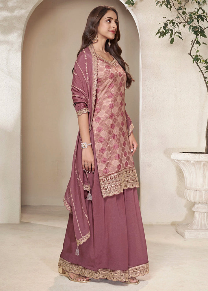 Mauve Taupe Purple Dola Silk Sharara Suit with Intricate Jacquard Detailing - House of Sarvati LLC