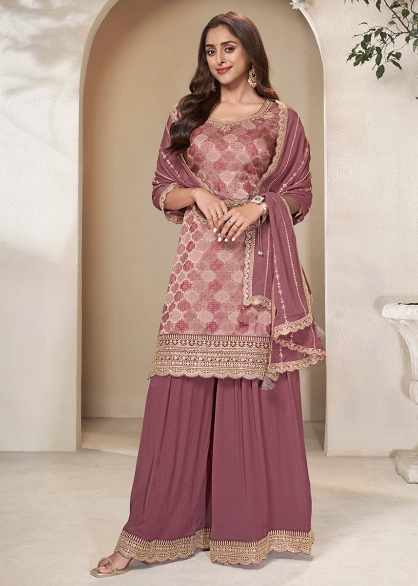 Mauve Taupe Purple Dola Silk Sharara Suit with Intricate Jacquard Detailing - House of Sarvati LLC