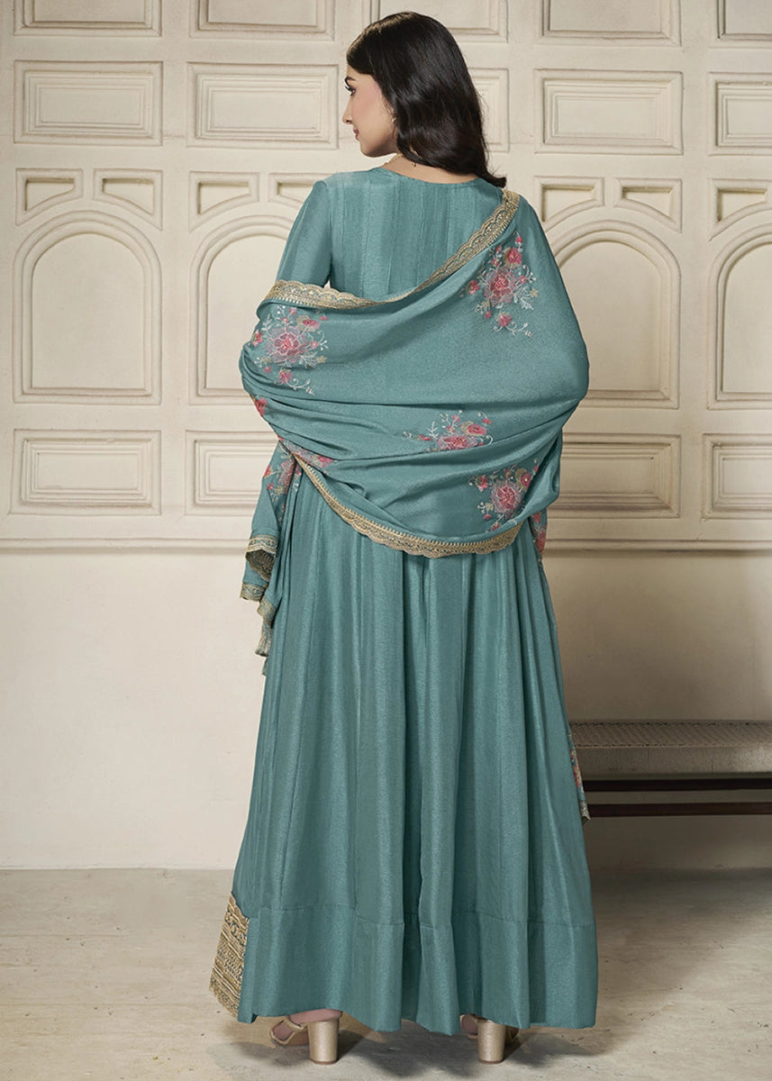 Maximum Blue Anarkali in Dola Silk Featuring Sequin Embroidery Work - House of Sarvati LLC