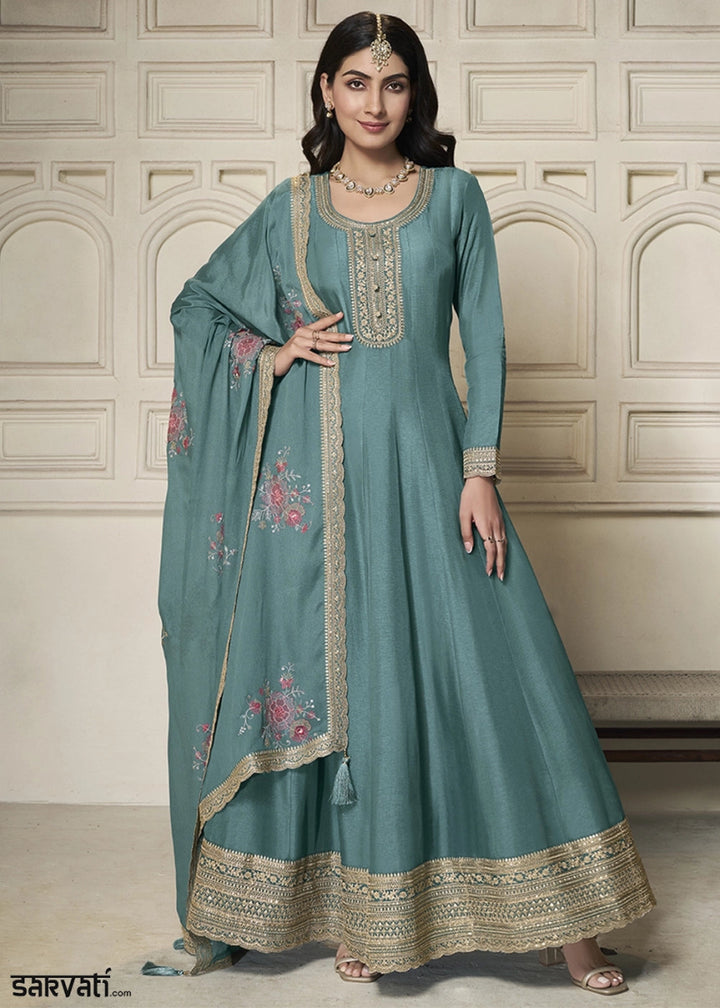 Maximum Blue Anarkali in Dola Silk Featuring Sequin Embroidery Work - House of Sarvati LLC