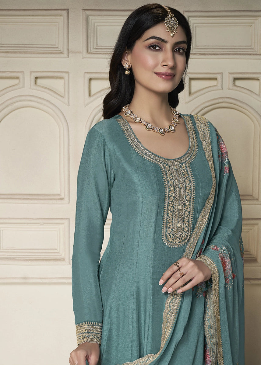 Maximum Blue Anarkali in Dola Silk Featuring Sequin Embroidery Work - House of Sarvati LLC