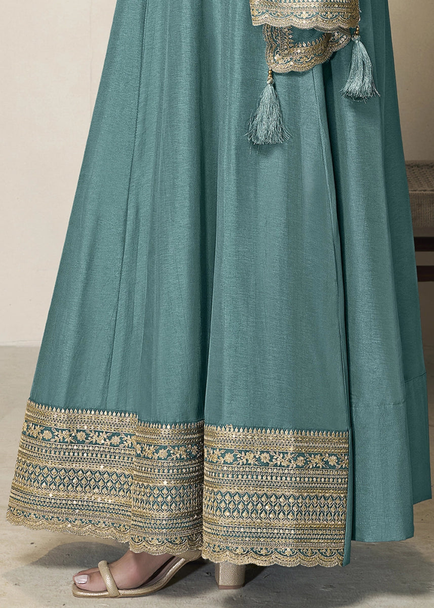 Maximum Blue Anarkali in Dola Silk Featuring Sequin Embroidery Work - House of Sarvati LLC