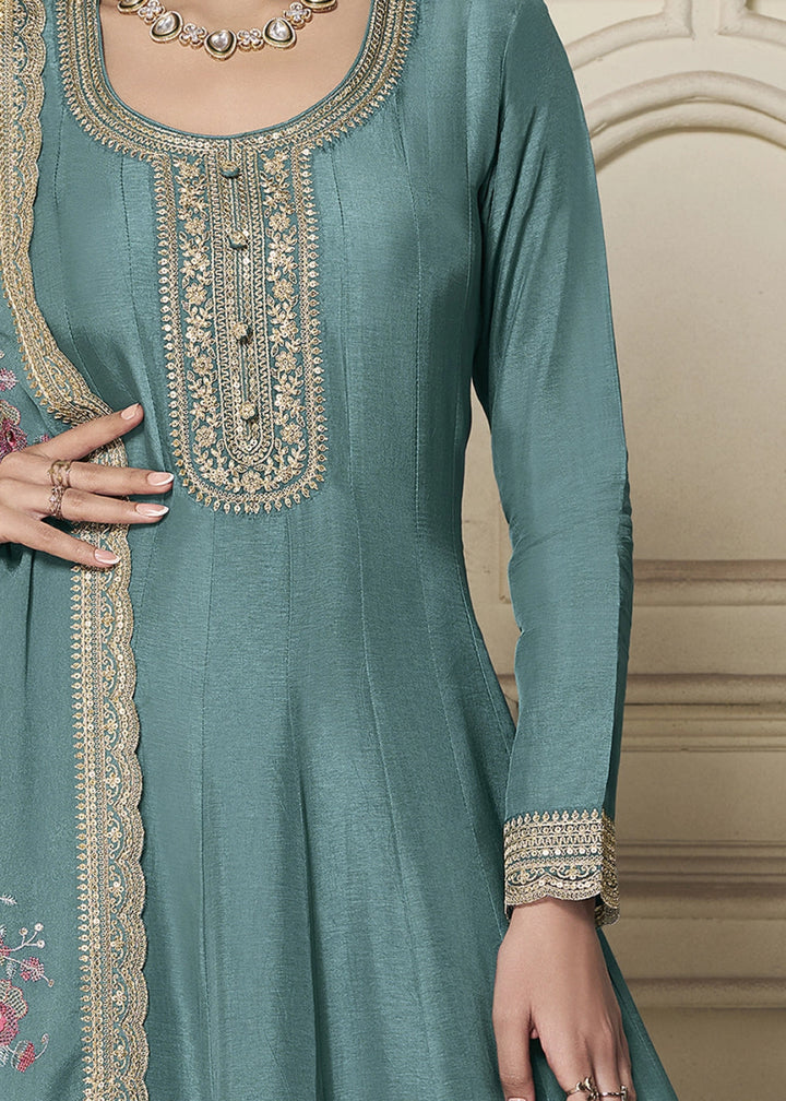 Maximum Blue Anarkali in Dola Silk Featuring Sequin Embroidery Work - House of Sarvati LLC