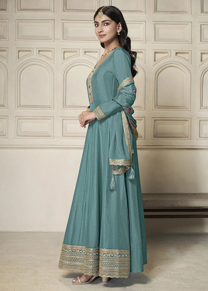 Maximum Blue Anarkali in Dola Silk Featuring Sequin Embroidery Work - House of Sarvati LLC