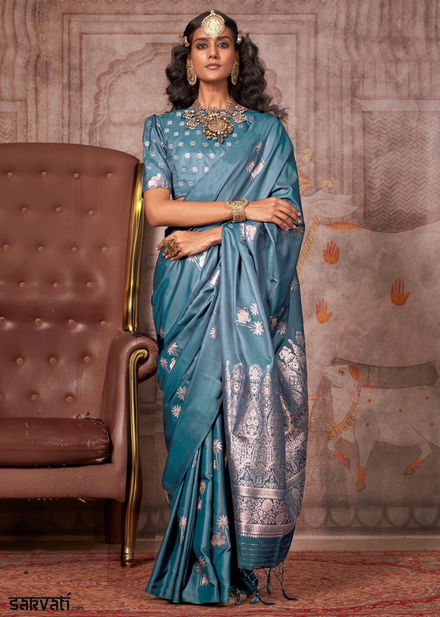 Maximum Blue Zari Woven Satin Silk Banarasi Saree with Brocade Blouse - House of Sarvati LLC
