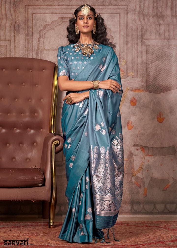 Maximum Blue Zari Woven Satin Silk Banarasi Saree with Brocade Blouse - House of Sarvati LLC
