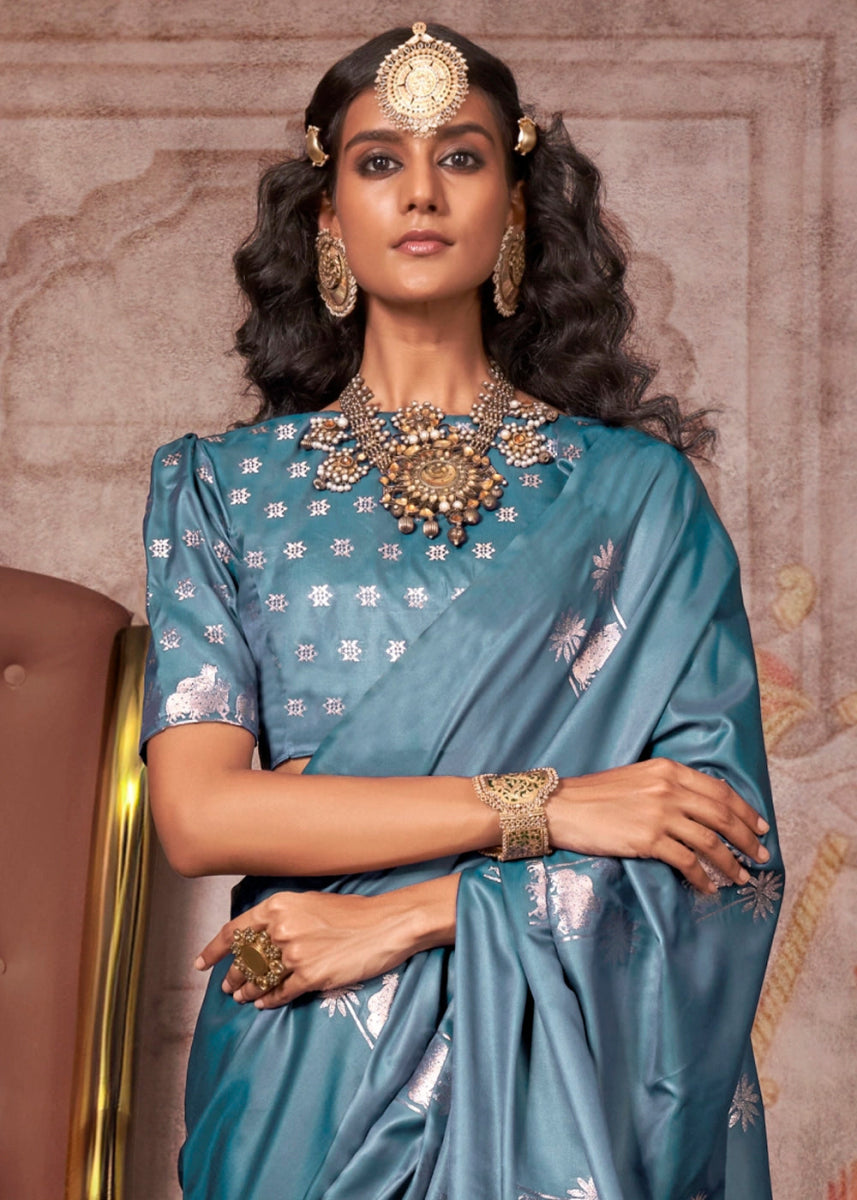 Maximum Blue Zari Woven Satin Silk Banarasi Saree with Brocade Blouse - House of Sarvati LLC