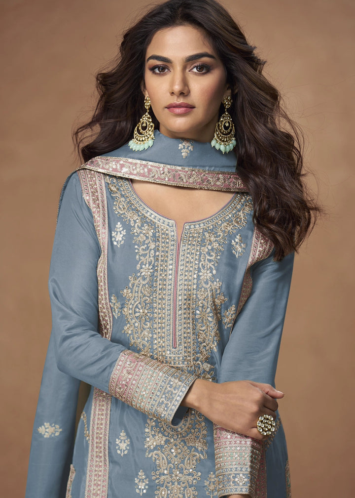 Maya Blue Organza Silk Palazzo Suit Adorned with Floral Embroidery - House of Sarvati LLC