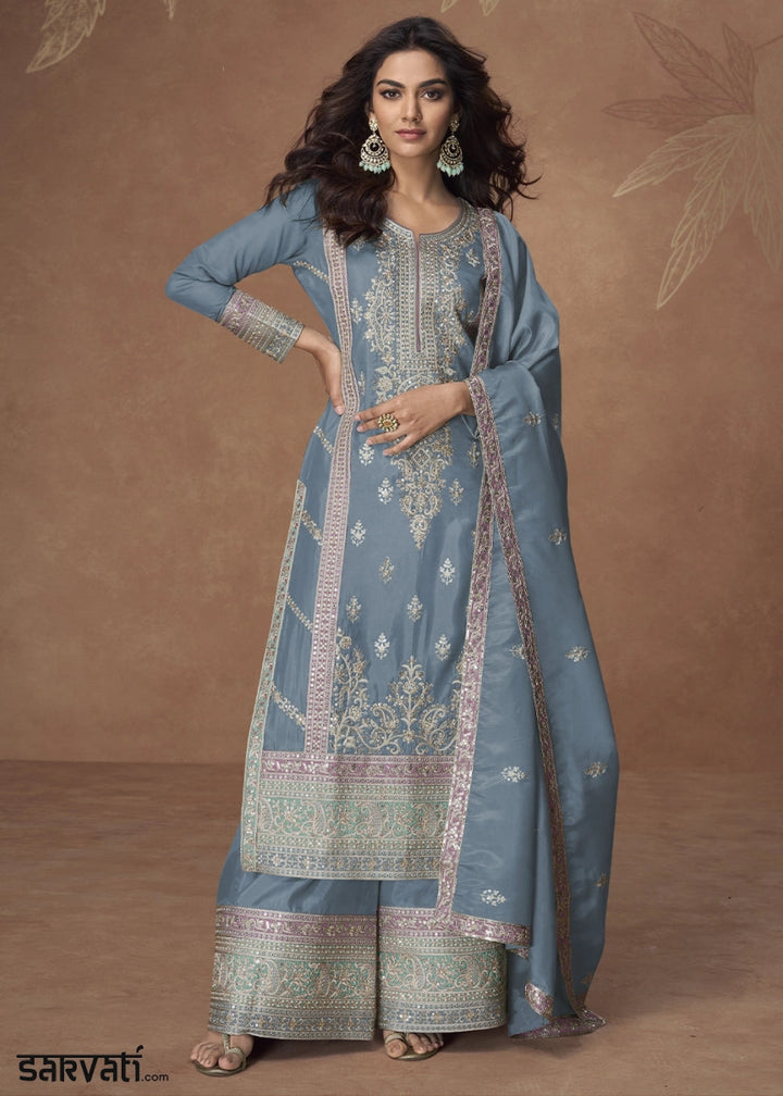 Maya Blue Organza Silk Palazzo Suit Adorned with Floral Embroidery - House of Sarvati LLC