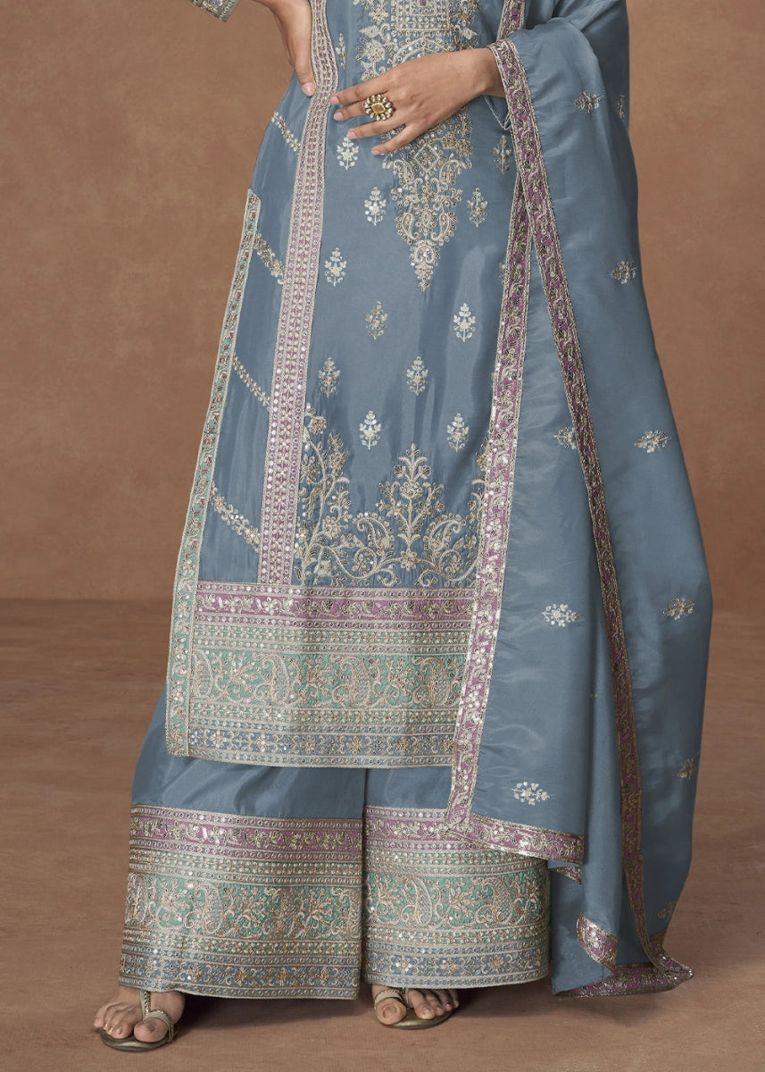 Maya Blue Organza Silk Palazzo Suit Adorned with Floral Embroidery - House of Sarvati LLC
