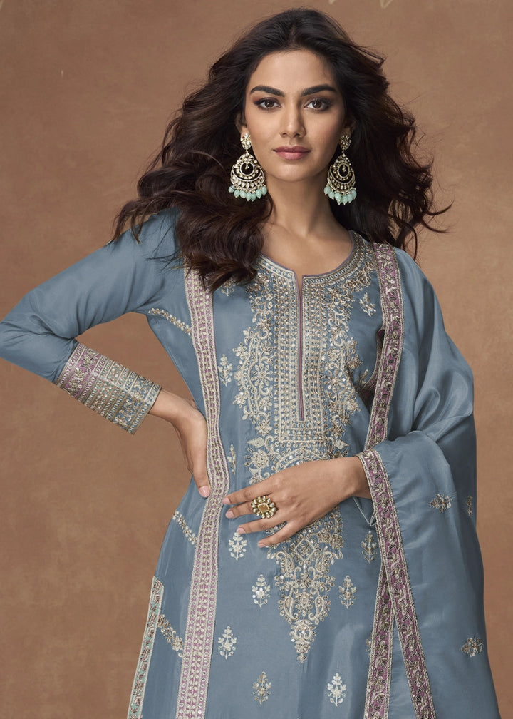 Maya Blue Organza Silk Palazzo Suit Adorned with Floral Embroidery - House of Sarvati LLC