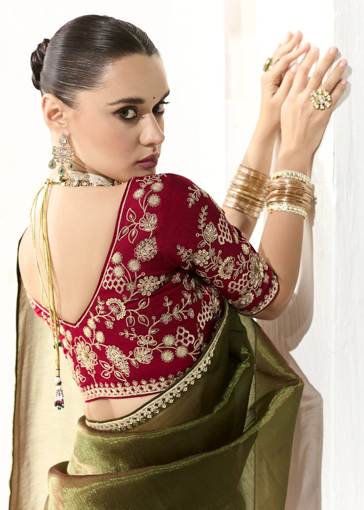 Mehendi Green Designer Tissue Organza Saree With All - Over Buttas And Hand Embroidered Blouse - House of Sarvati LLC