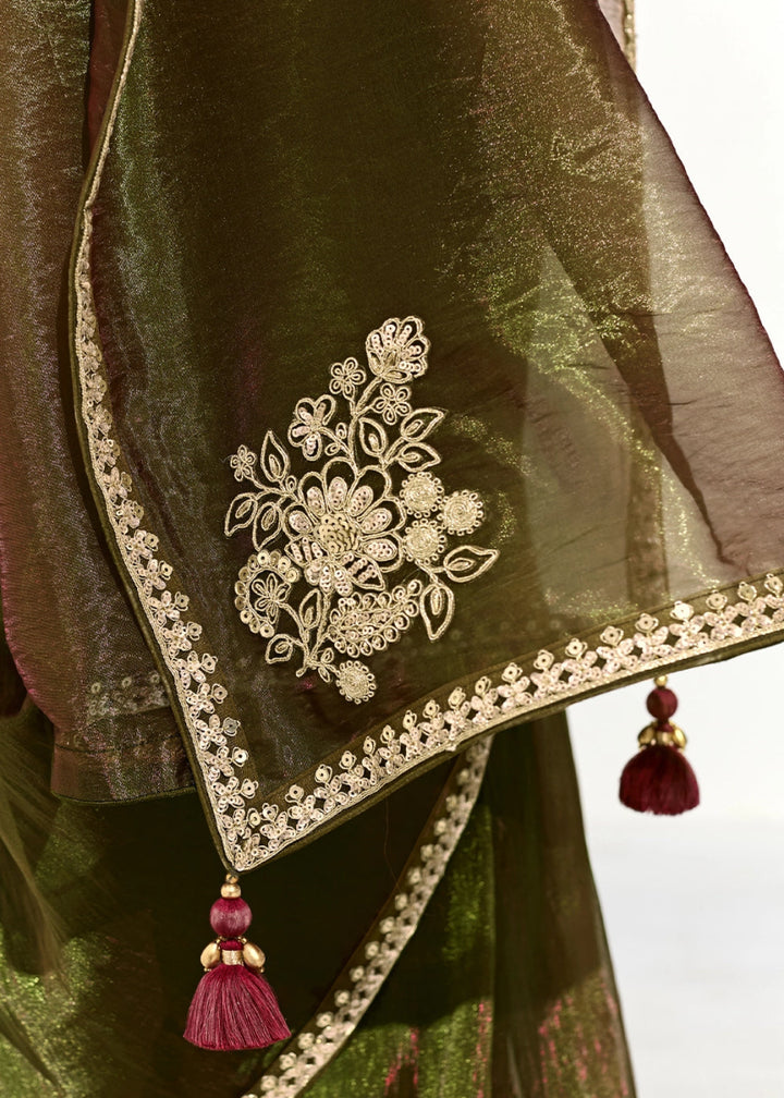Mehendi Green Designer Tissue Organza Saree With All - Over Buttas And Hand Embroidered Blouse - House of Sarvati LLC