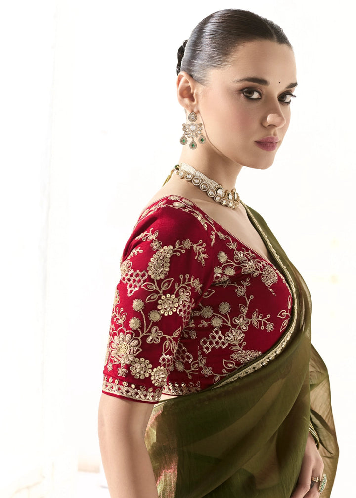 Mehendi Green Designer Tissue Organza Saree With All - Over Buttas And Hand Embroidered Blouse - House of Sarvati LLC