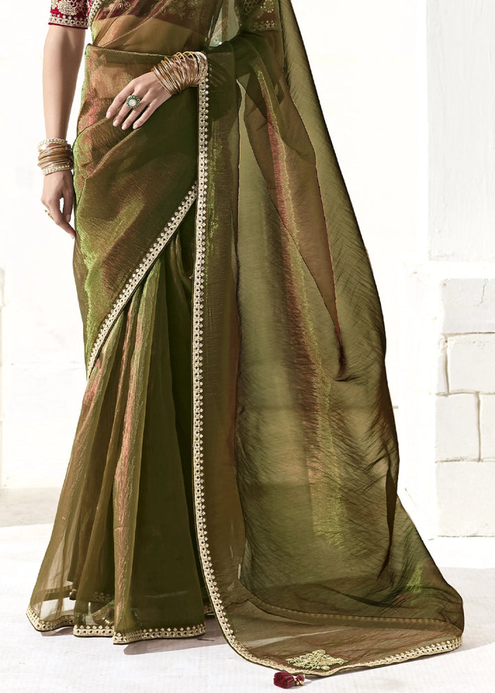 Mehendi Green Designer Tissue Organza Saree With All - Over Buttas And Hand Embroidered Blouse - House of Sarvati LLC