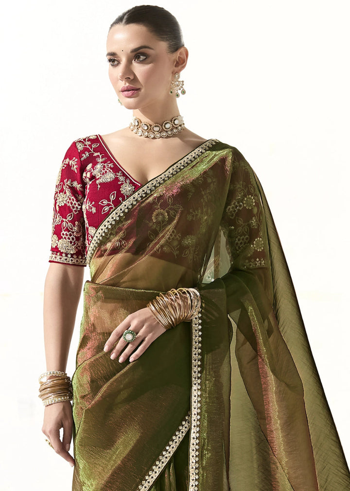 Mehendi Green Designer Tissue Organza Saree With All - Over Buttas And Hand Embroidered Blouse - House of Sarvati LLC