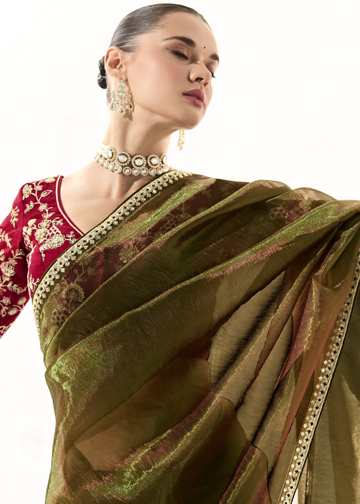 Mehendi Green Designer Tissue Organza Saree With All - Over Buttas And Hand Embroidered Blouse - House of Sarvati LLC