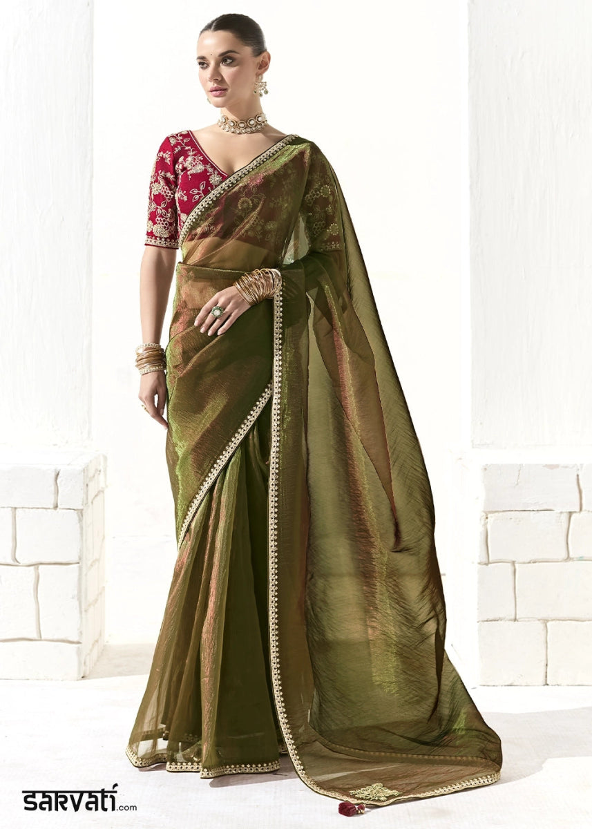 Mehendi Green Designer Tissue Organza Saree With All - Over Buttas And Hand Embroidered Blouse - House of Sarvati LLC