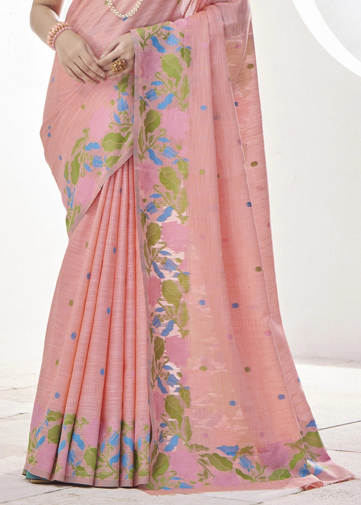 Melon Pink Linen Silk Saree with Delicate Floral Designs - House of Sarvati LLC