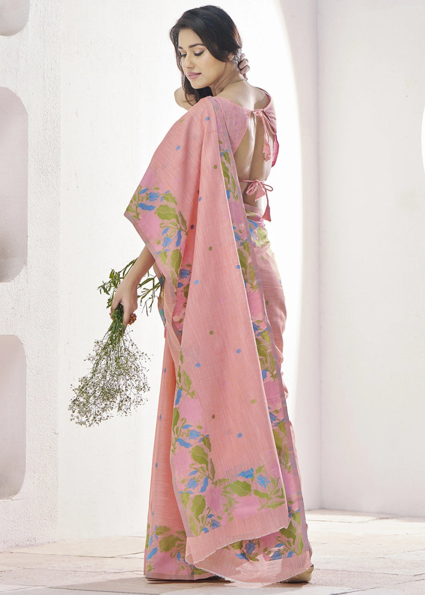 Melon Pink Linen Silk Saree with Delicate Floral Designs - House of Sarvati LLC