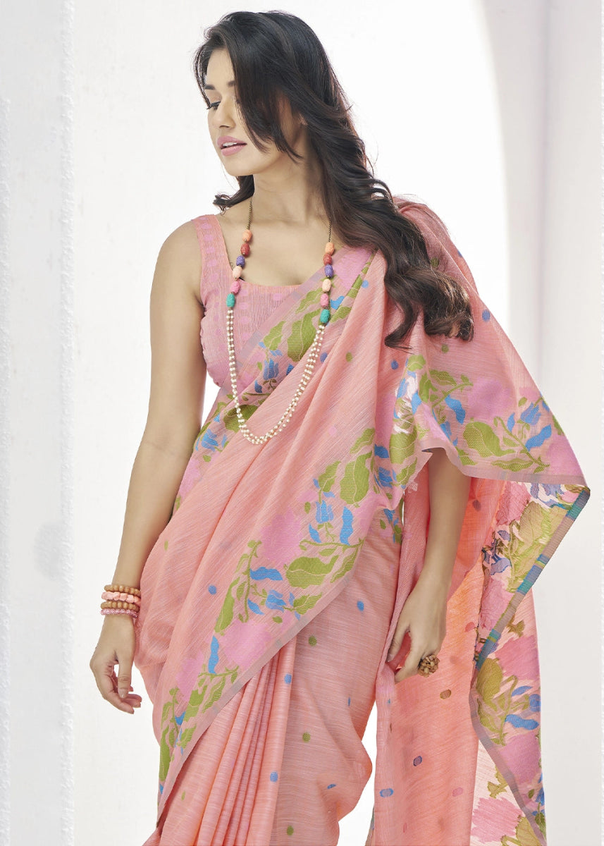 Melon Pink Linen Silk Saree with Delicate Floral Designs - House of Sarvati LLC