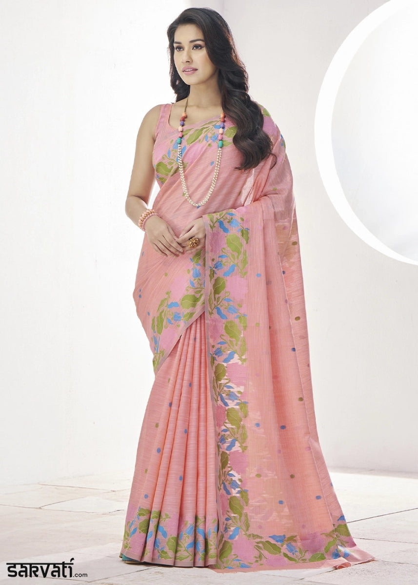 Melon Pink Linen Silk Saree with Delicate Floral Designs - House of Sarvati LLC