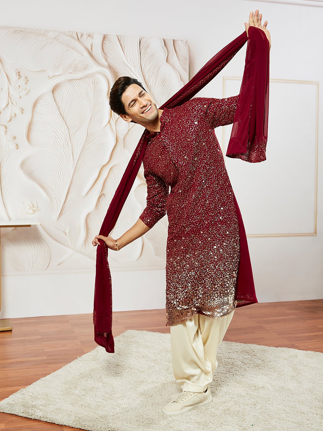 Men's Maroon Georgette Sequin Embroidered Dupatta - view 4